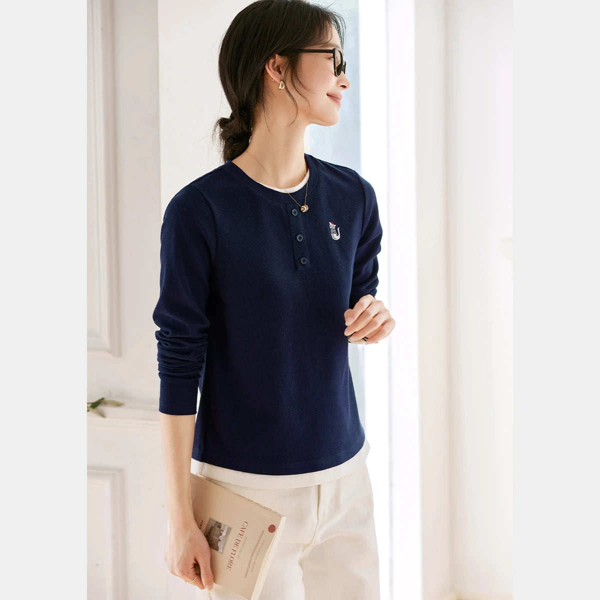 Embroidered Henley Long-Sleeve Top