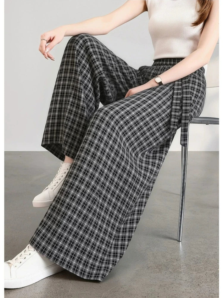 Small-Check Wide-Leg Trousers