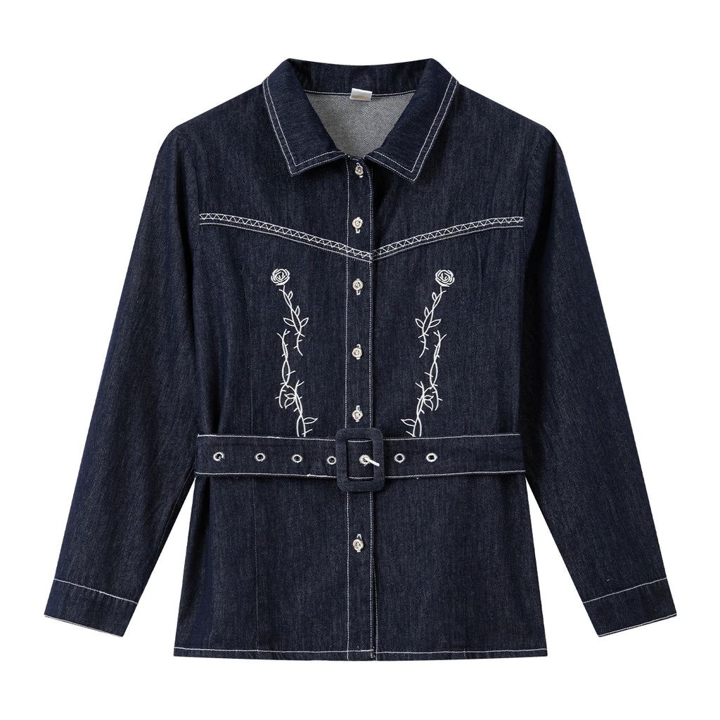 Embroidered Belted Denim Shirt Jacket