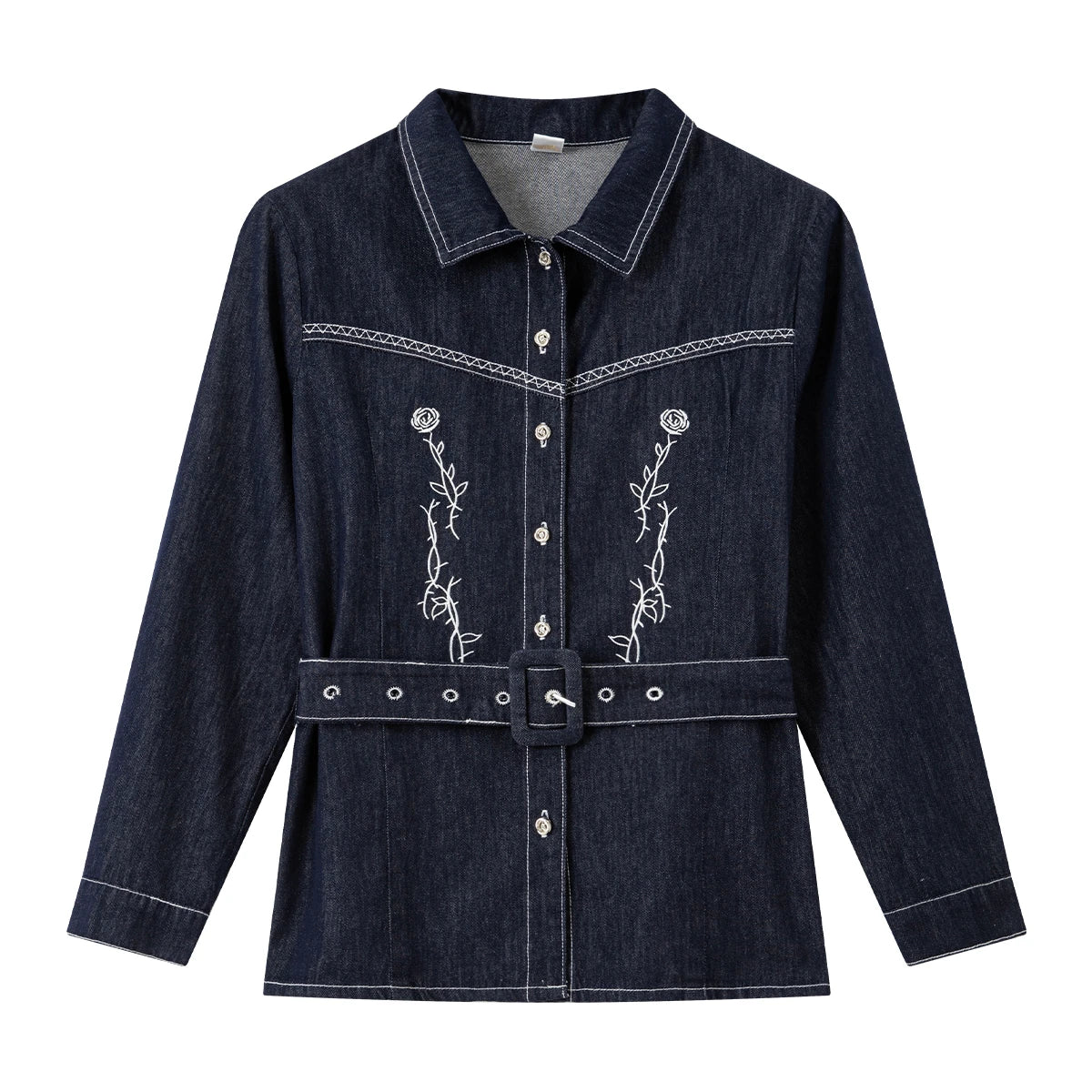 Embroidered Belted Denim Shirt Jacket