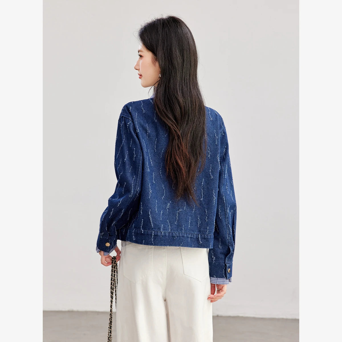 Jacquard-Collar Cropped Denim Jacket