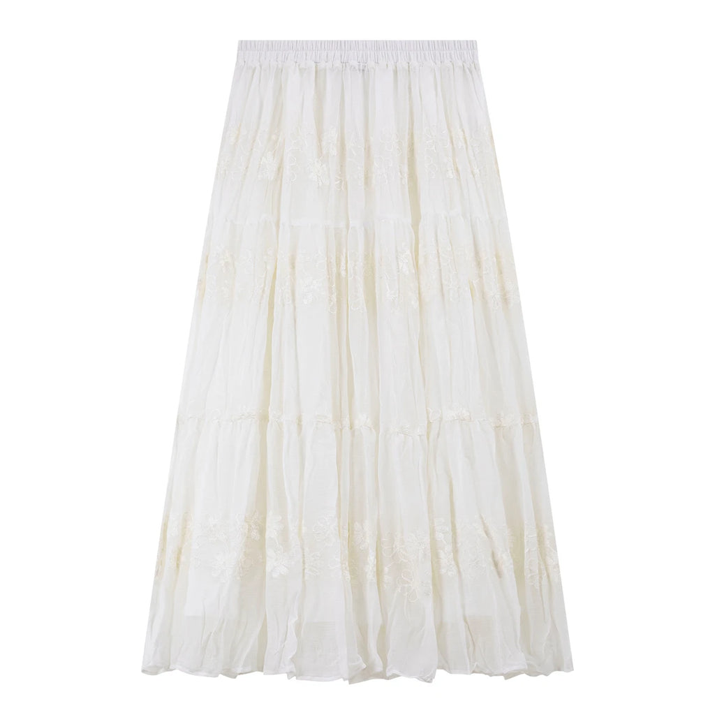 Embroidered Tiered Midi Skirt