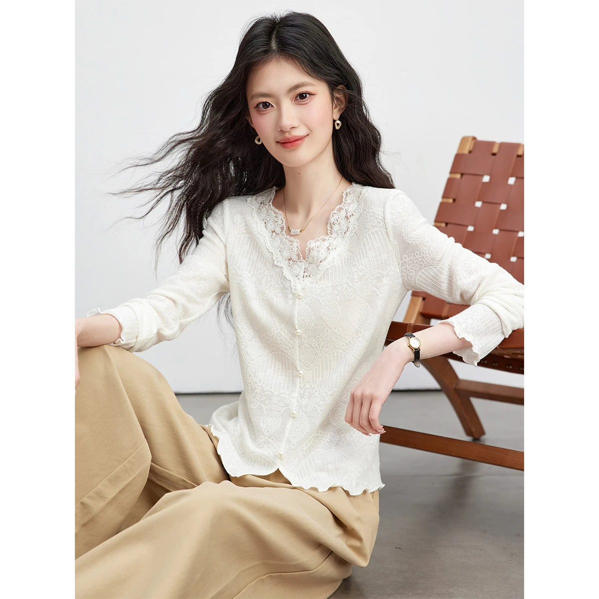 Lace-Trim Button-Front Knit Top