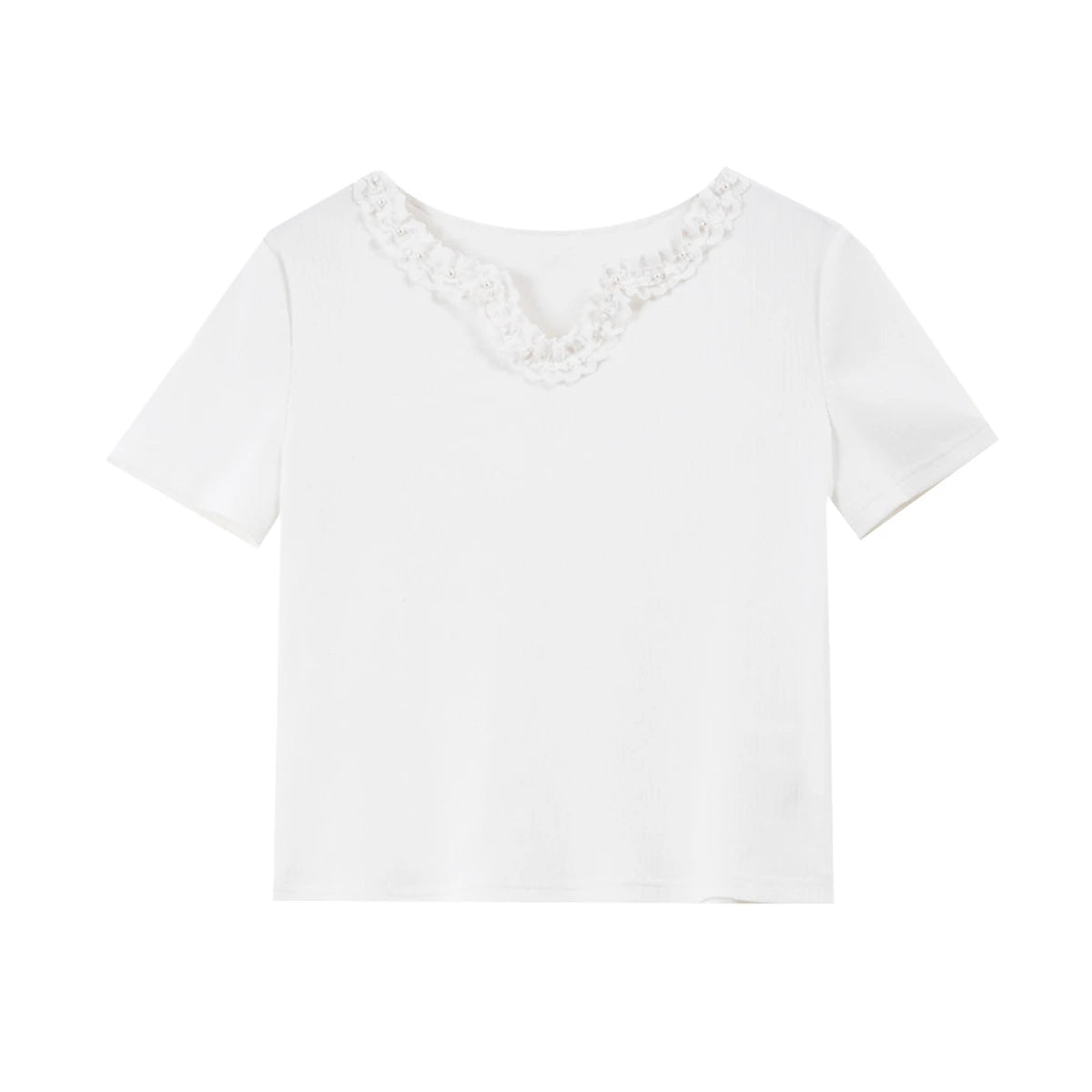 Lace-Trim V-Neck Cropped Tee