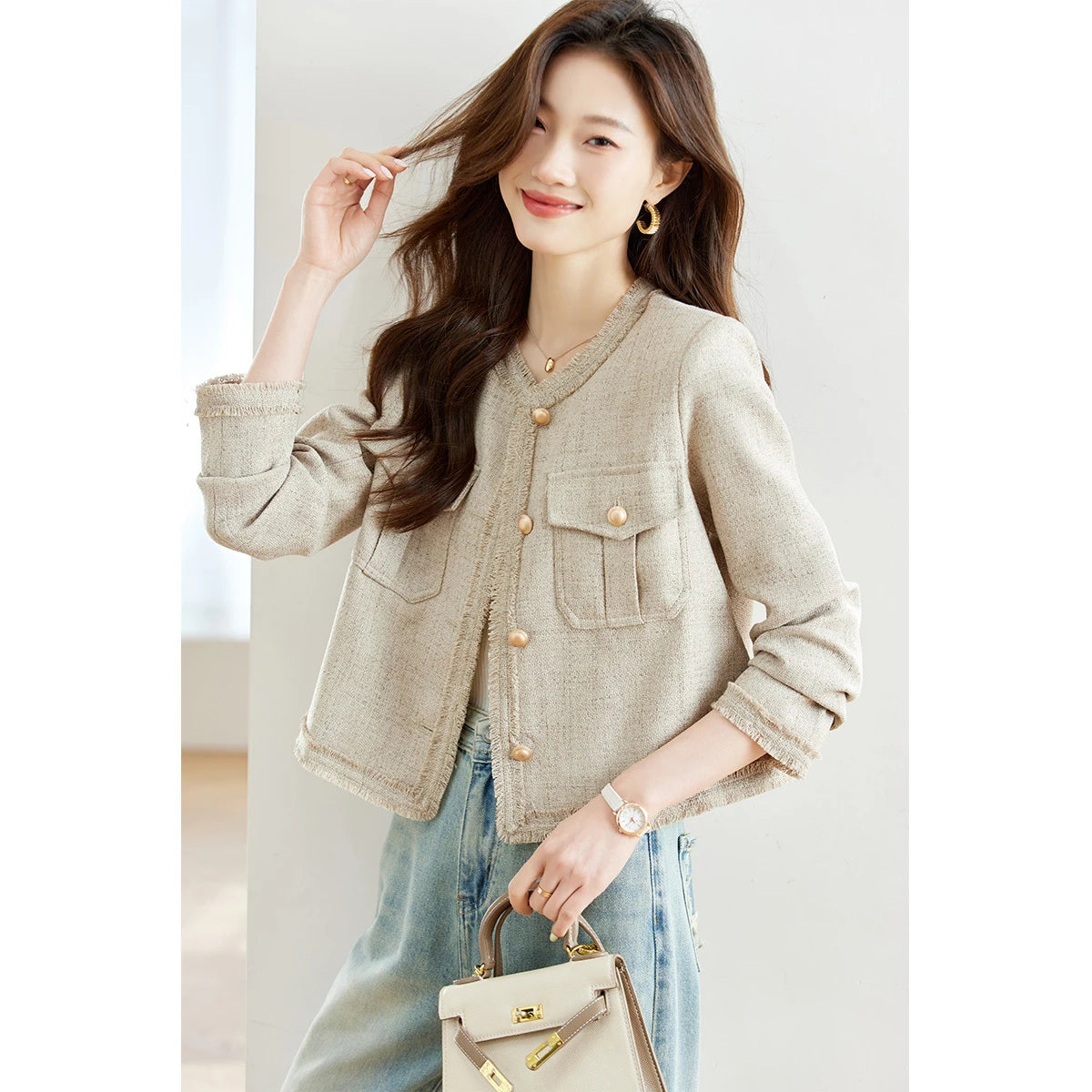 Frayed-Trim Cropped Jacket