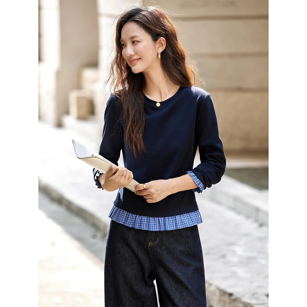 Pleated-Hem Long-Sleeve Tee