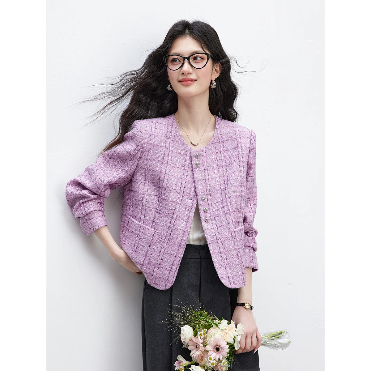 Textured Cropped Collarless Jacket