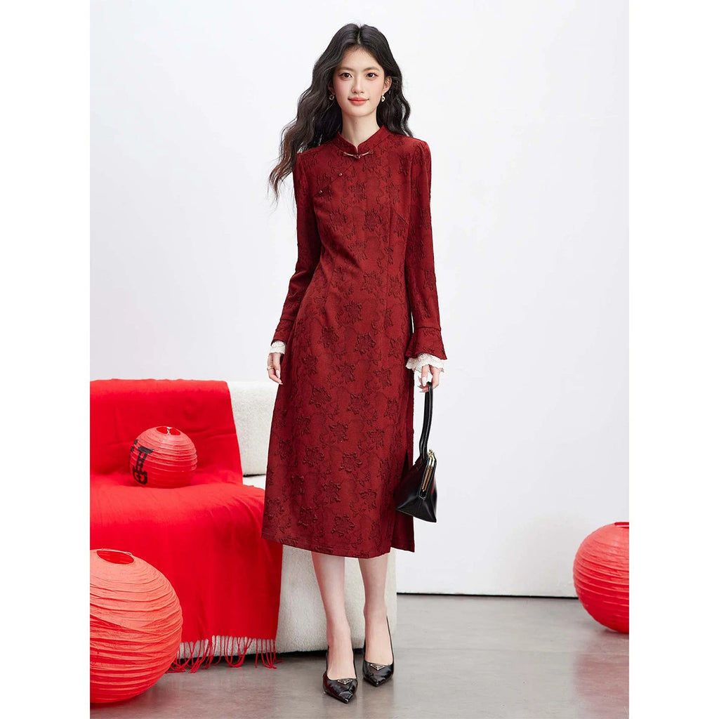 Jacquard Mandarin-Collar Midi Dress