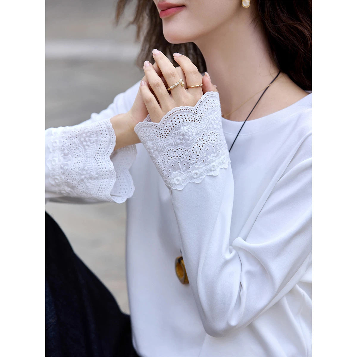 Lace-Cuff Crew-Neck Long-Sleeve Tee