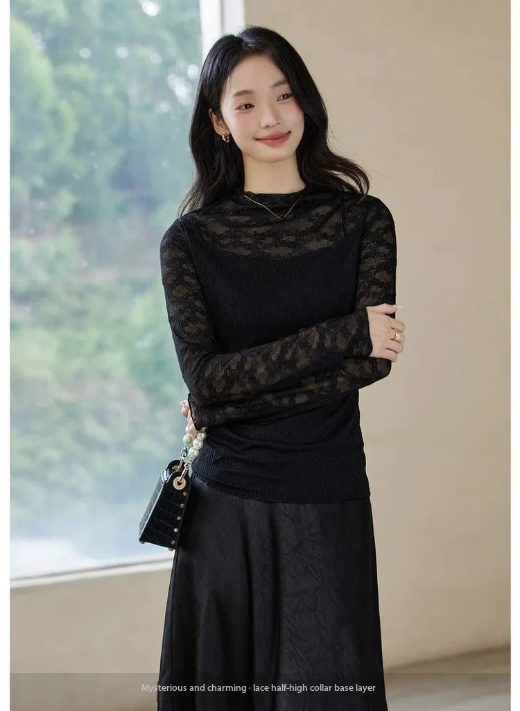 Lace-Sleeve Mock-Neck Top