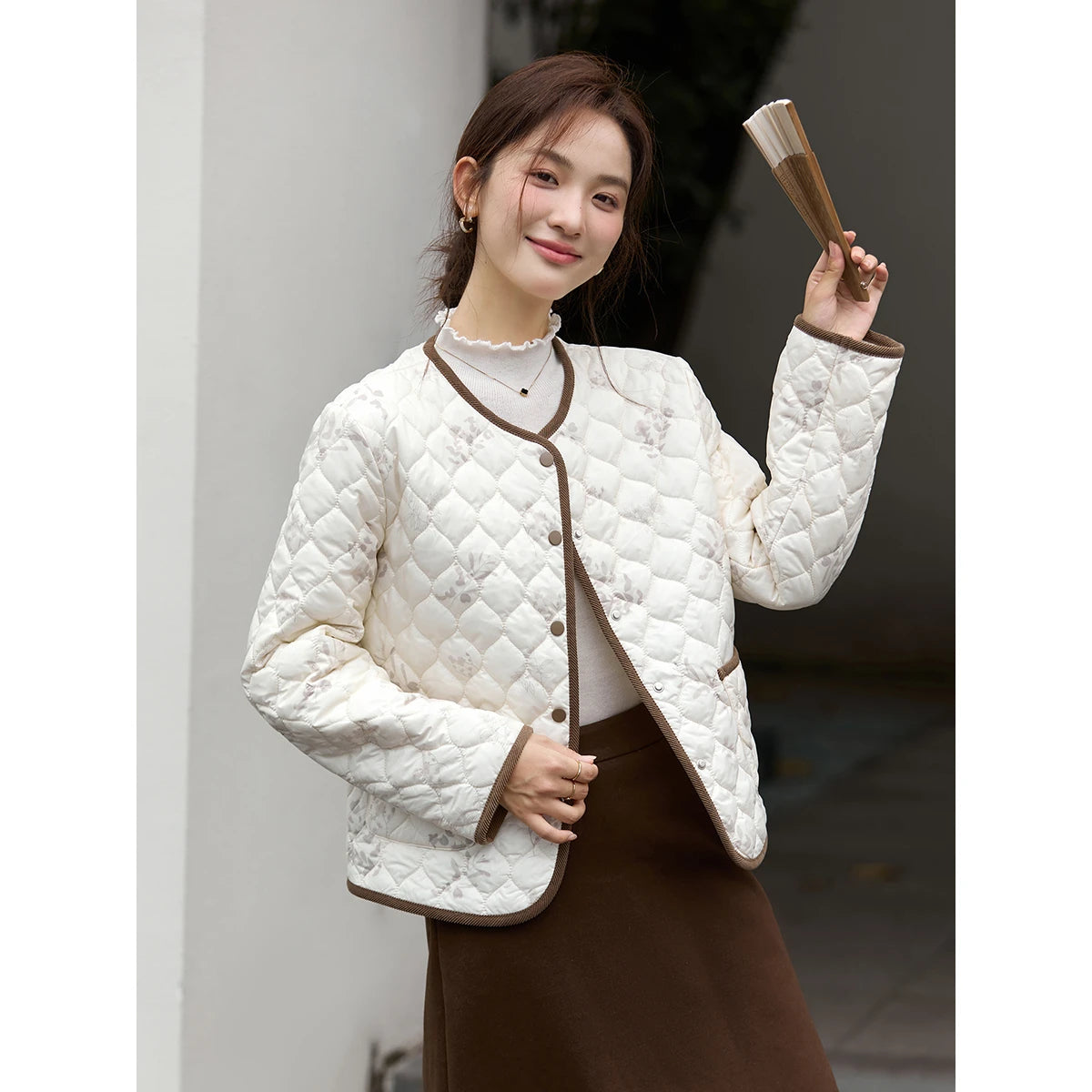 Floral Quilted Contrast-Trim Jacket