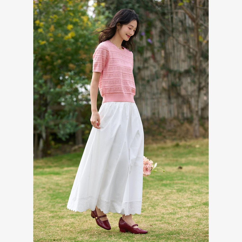 Lace-Hem A-Line Midi Skirt