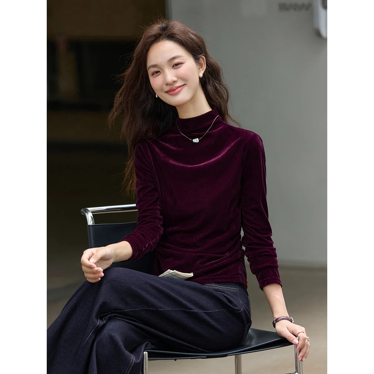 Velvet Ruched Mock-Neck Top