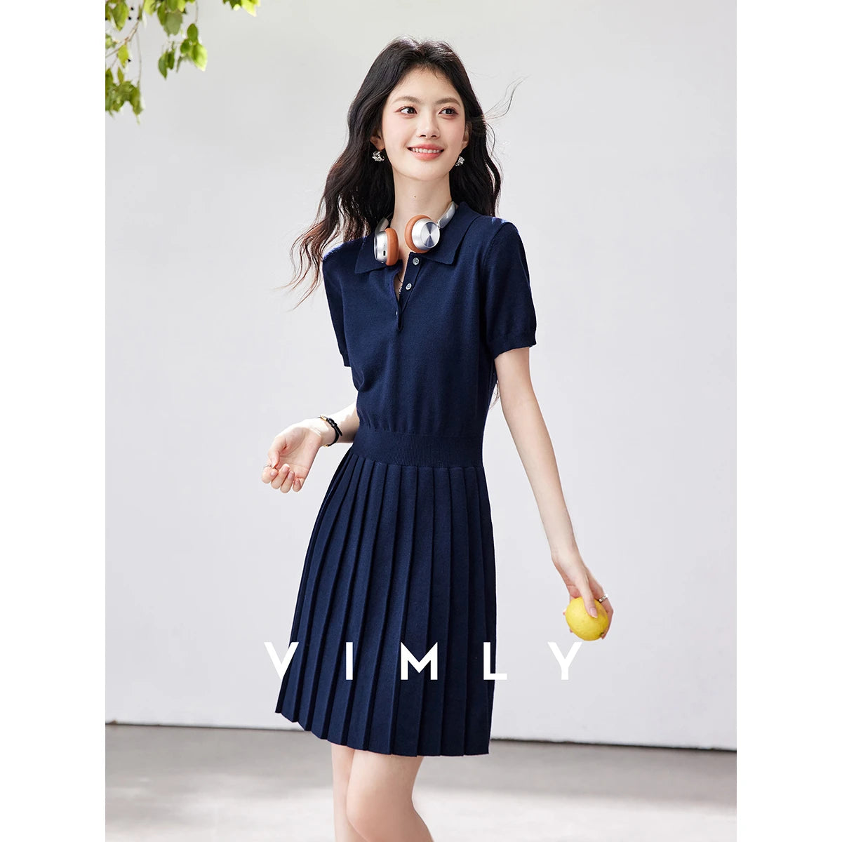 Polo-Collar Pleated Mini Dress