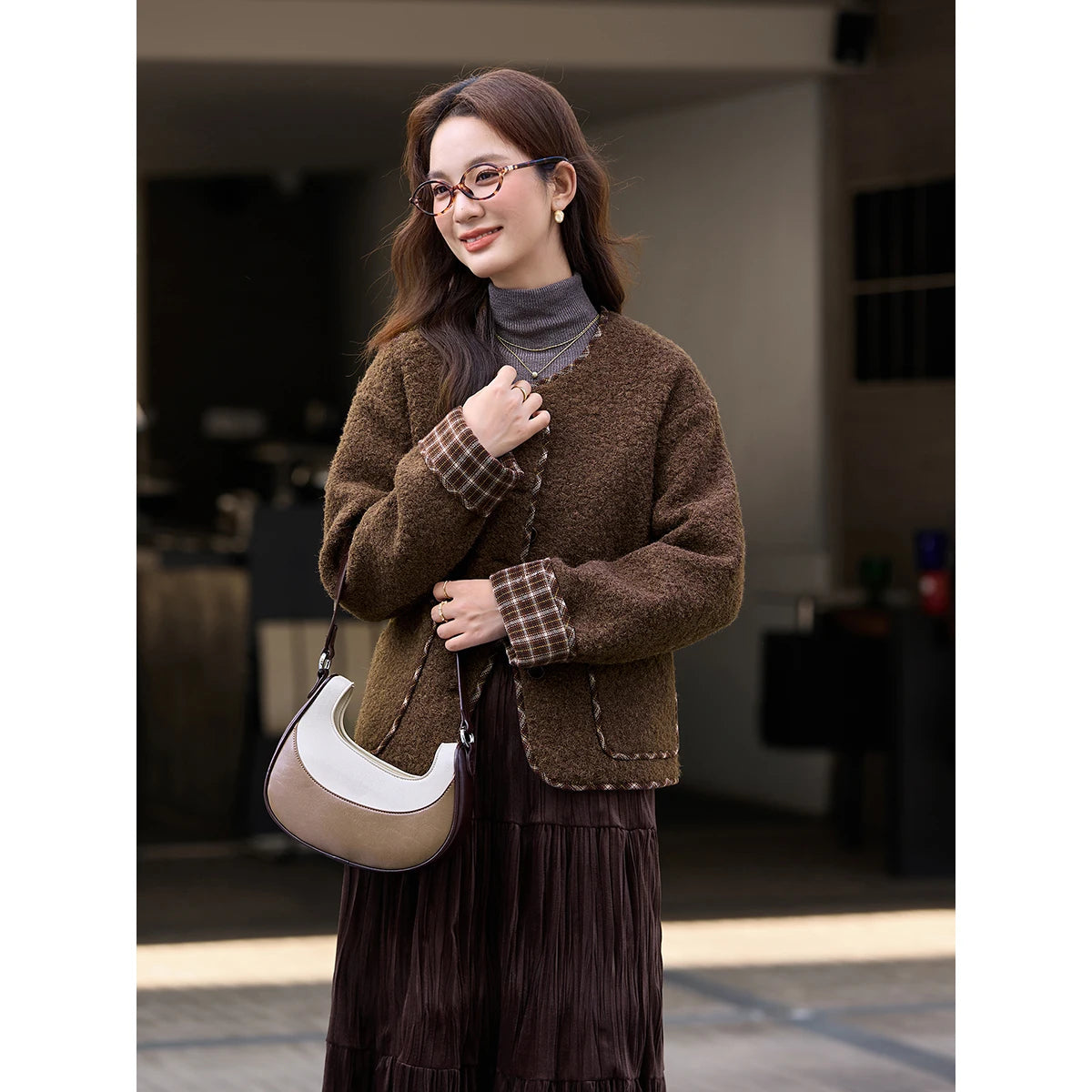 Contrast-Trim Collarless Cropped Jacket