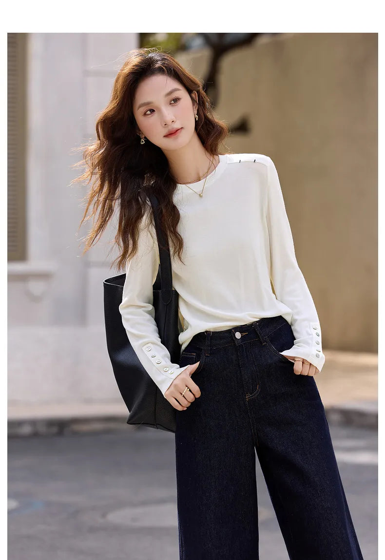 Button-Cuff Crew-Neck Long-Sleeve Tee