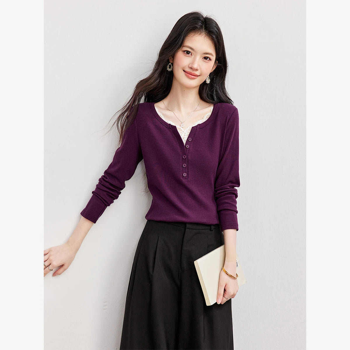 Lace-Trim Henley Long-Sleeve Top