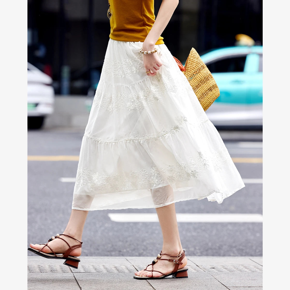 Embroidered Tiered Midi Skirt