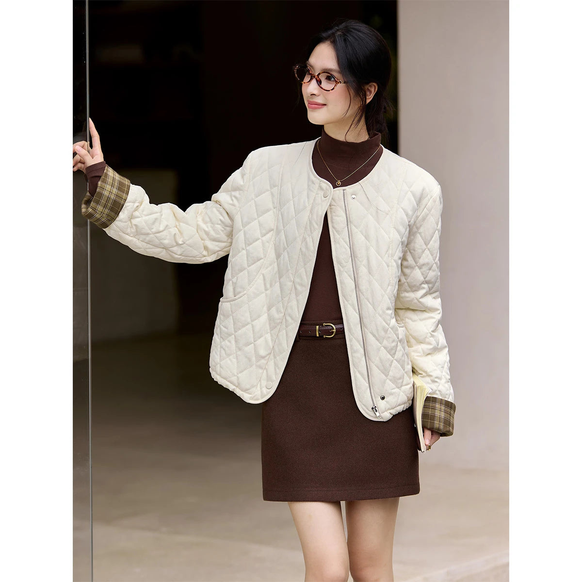 Plaid-Cuff Quilted Cropped Jacket