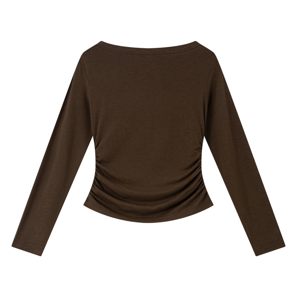 Ruched-Side Boat-Neck Long-Sleeve Top