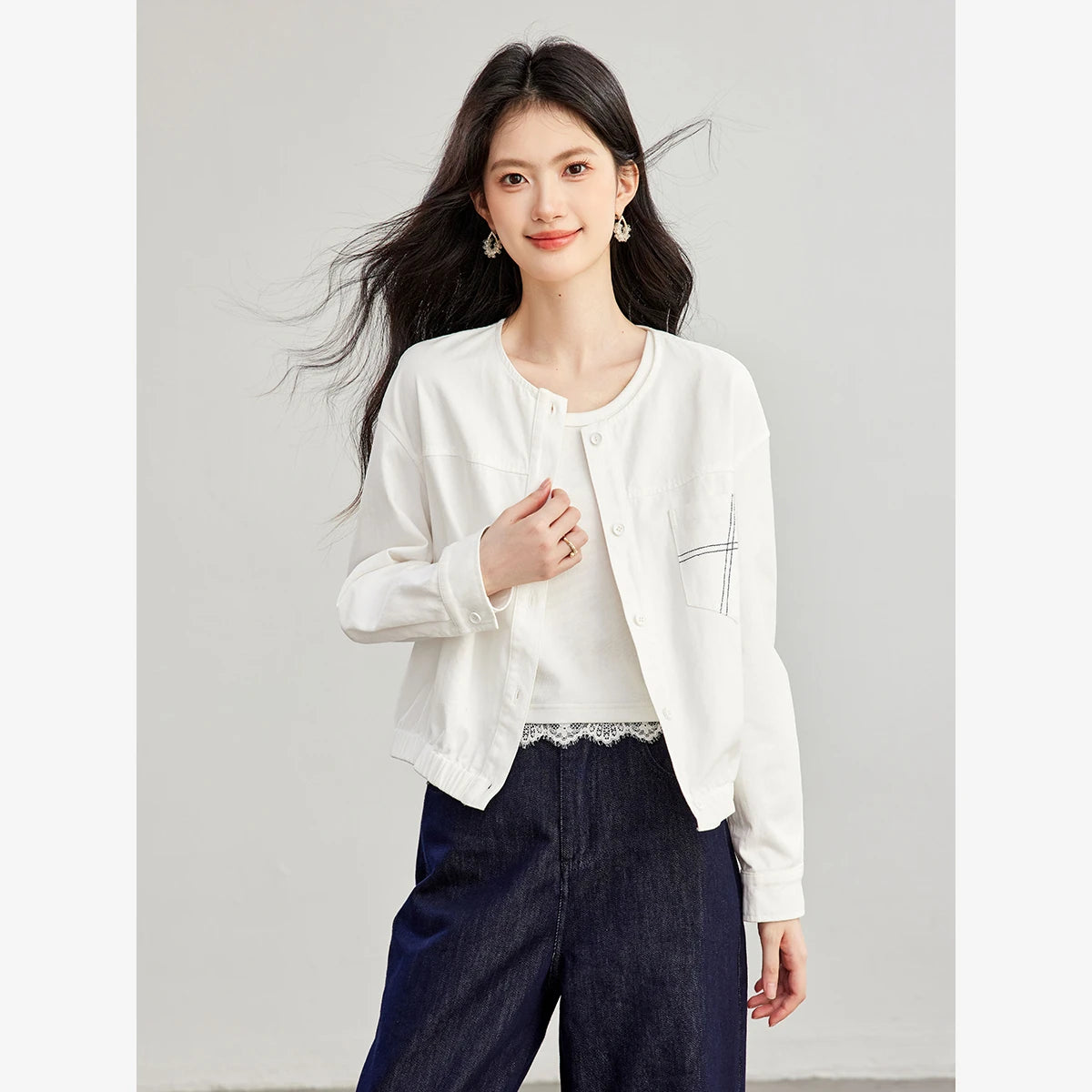 Cropped Drawstring-Hem Collarless Jacket