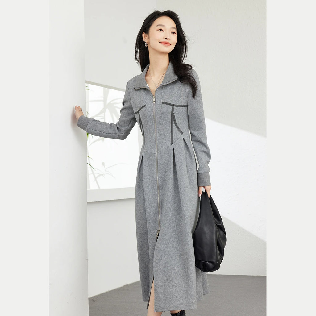 Contrast-Piping Zip-Front Midi Dress