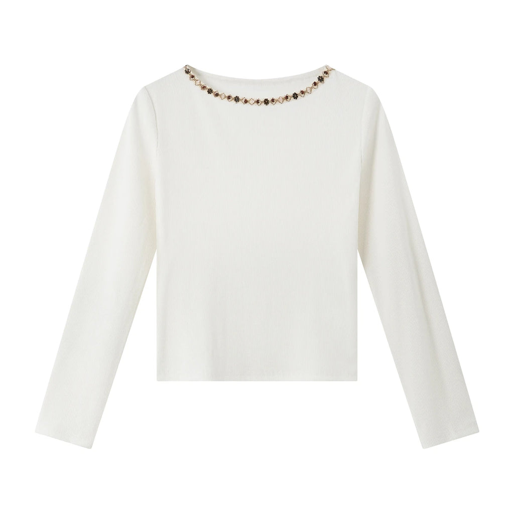 Beaded Boat-Neck Long-Sleeve Tee