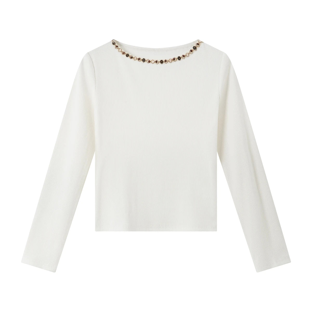 Beaded Boat-Neck Long-Sleeve Tee