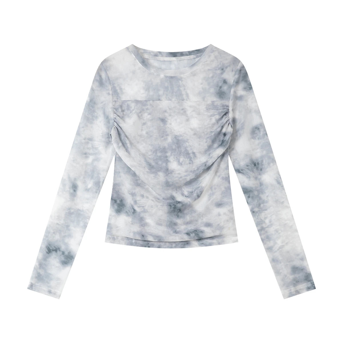 Abstract Mesh Ruched Long-Sleeve Top