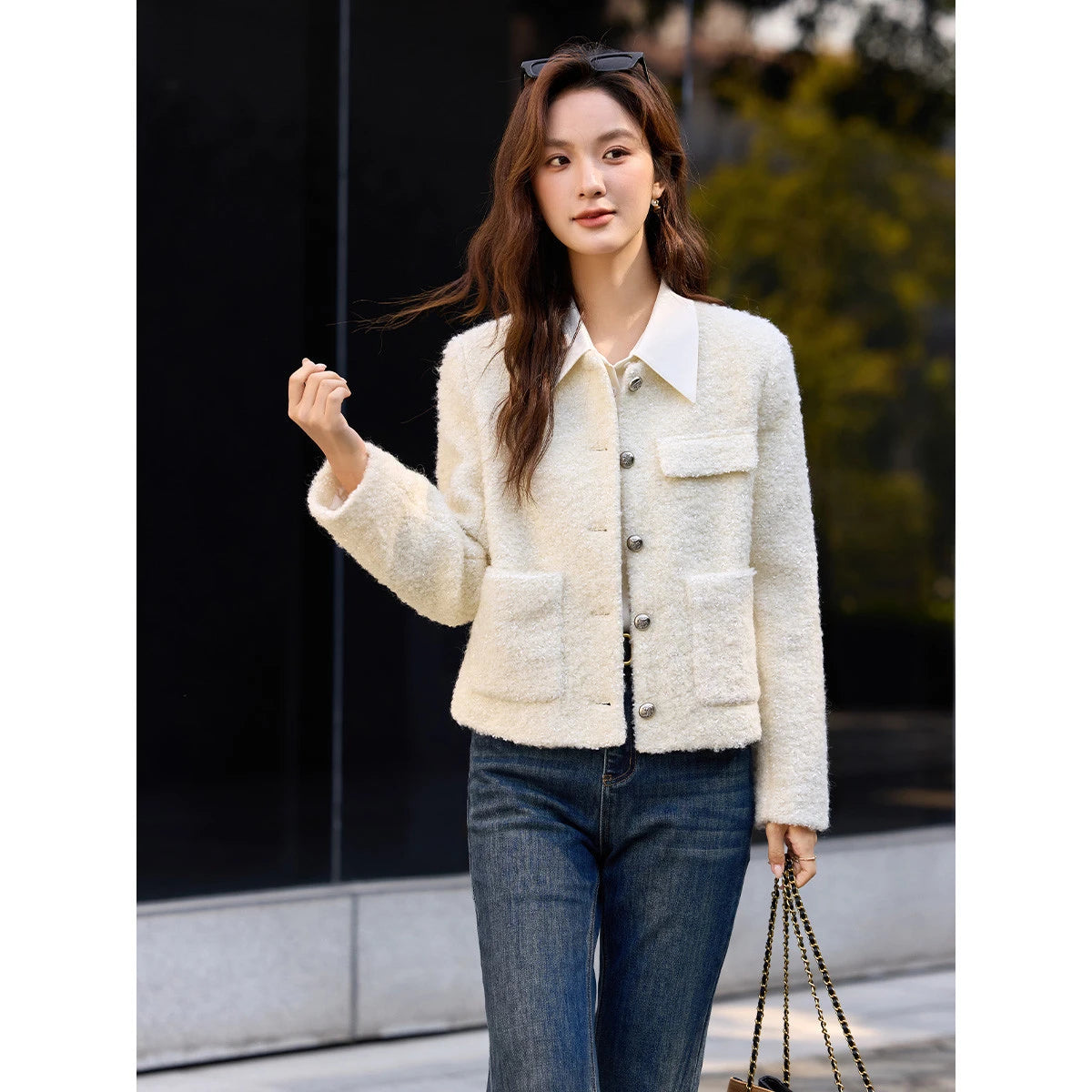 Textured Pocket-Front Collarless Jacket