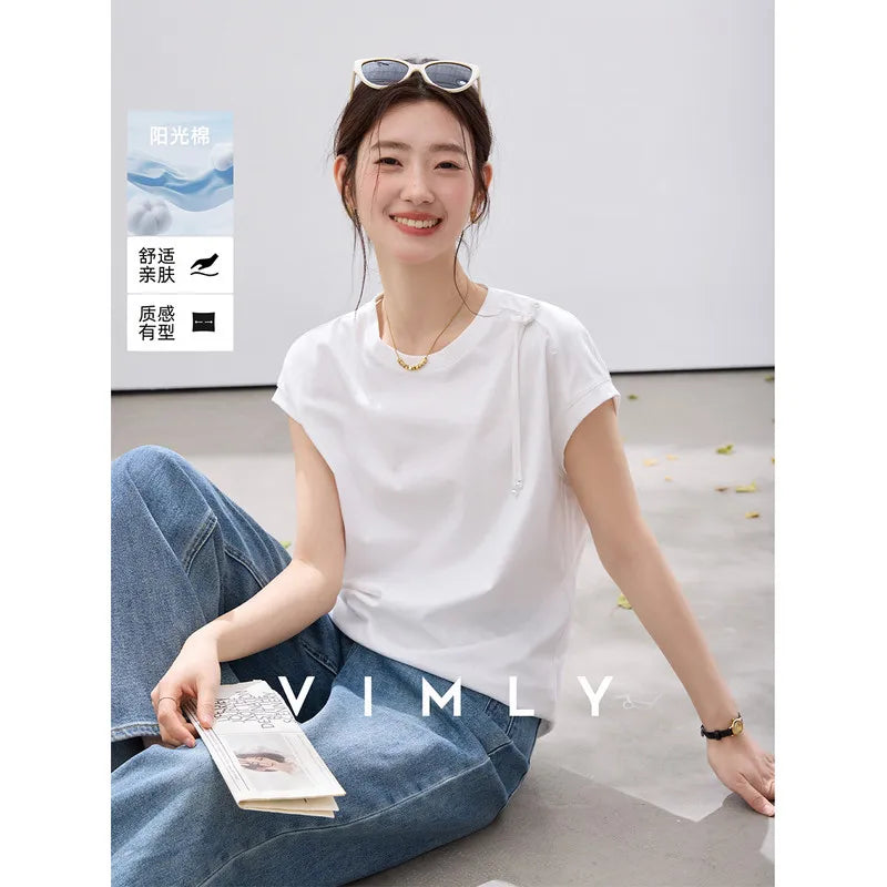 Asymmetric Frog-Button Cap-Sleeve Tee