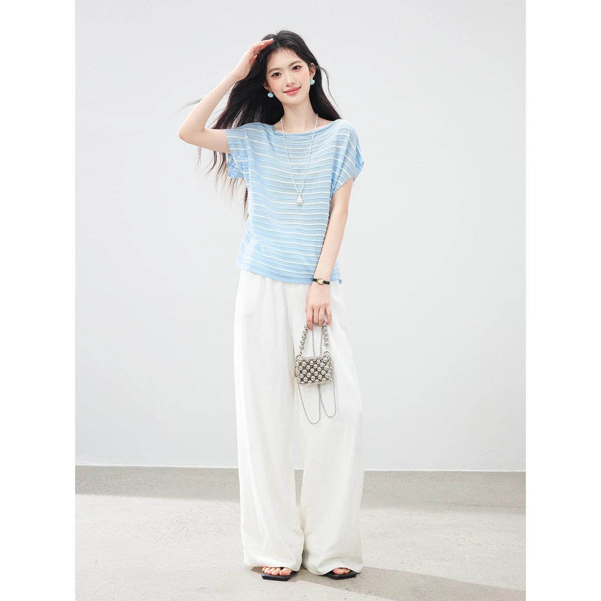 Striped Ruched Dolman-Sleeve Tee