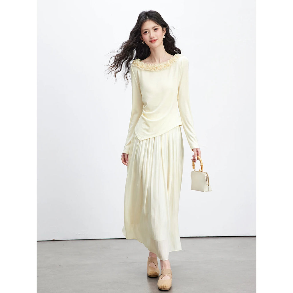 Asymmetric Ruffle-Neck Long-Sleeve Top