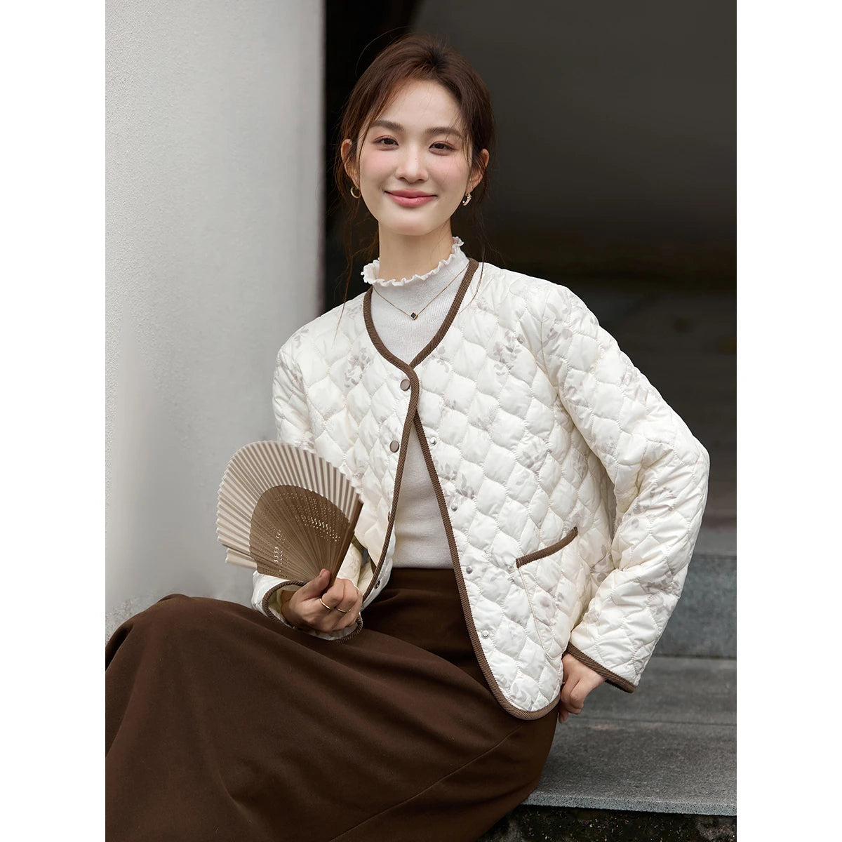 Floral Quilted Contrast-Trim Jacket