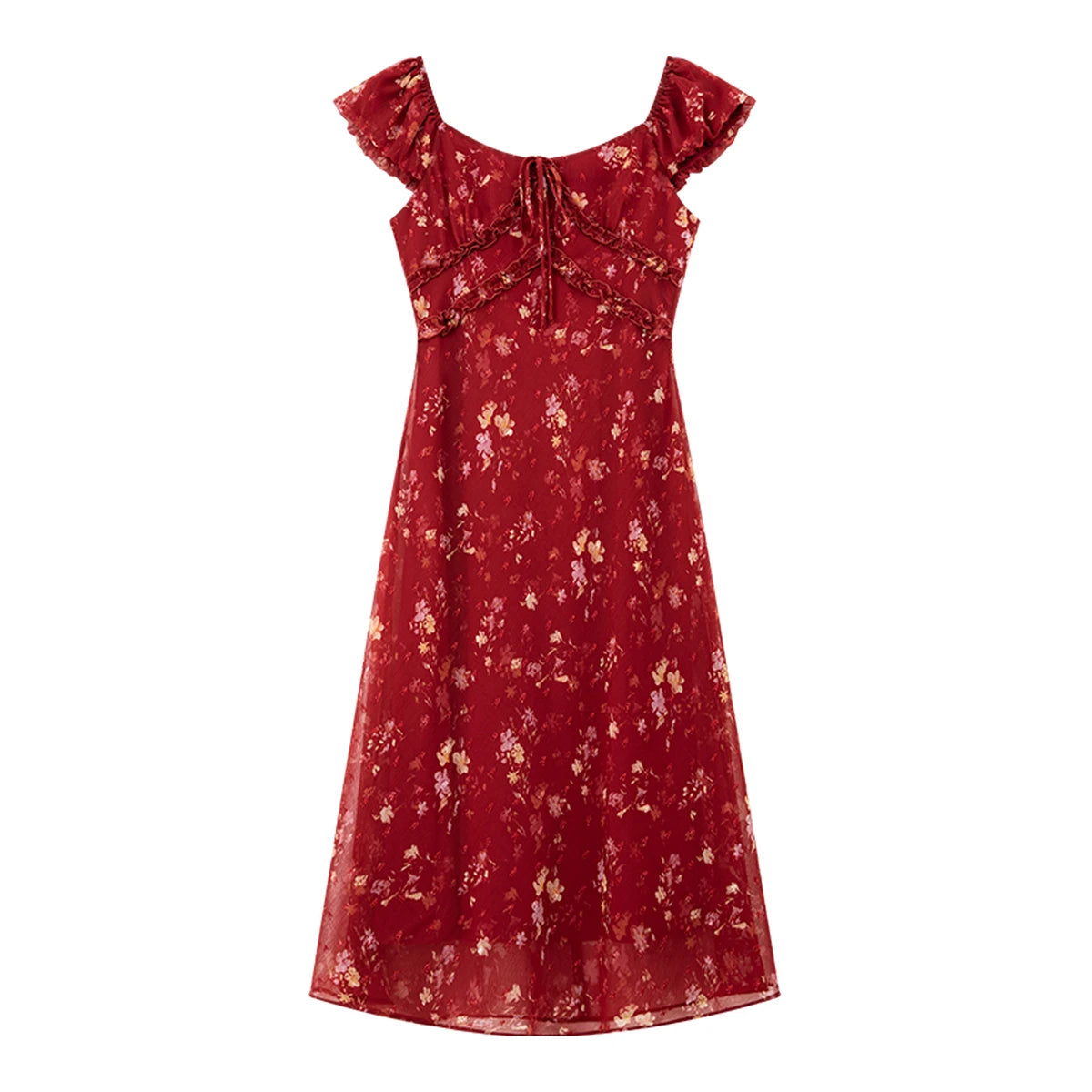 Floral Square-Neck Ruffle Midi Dress