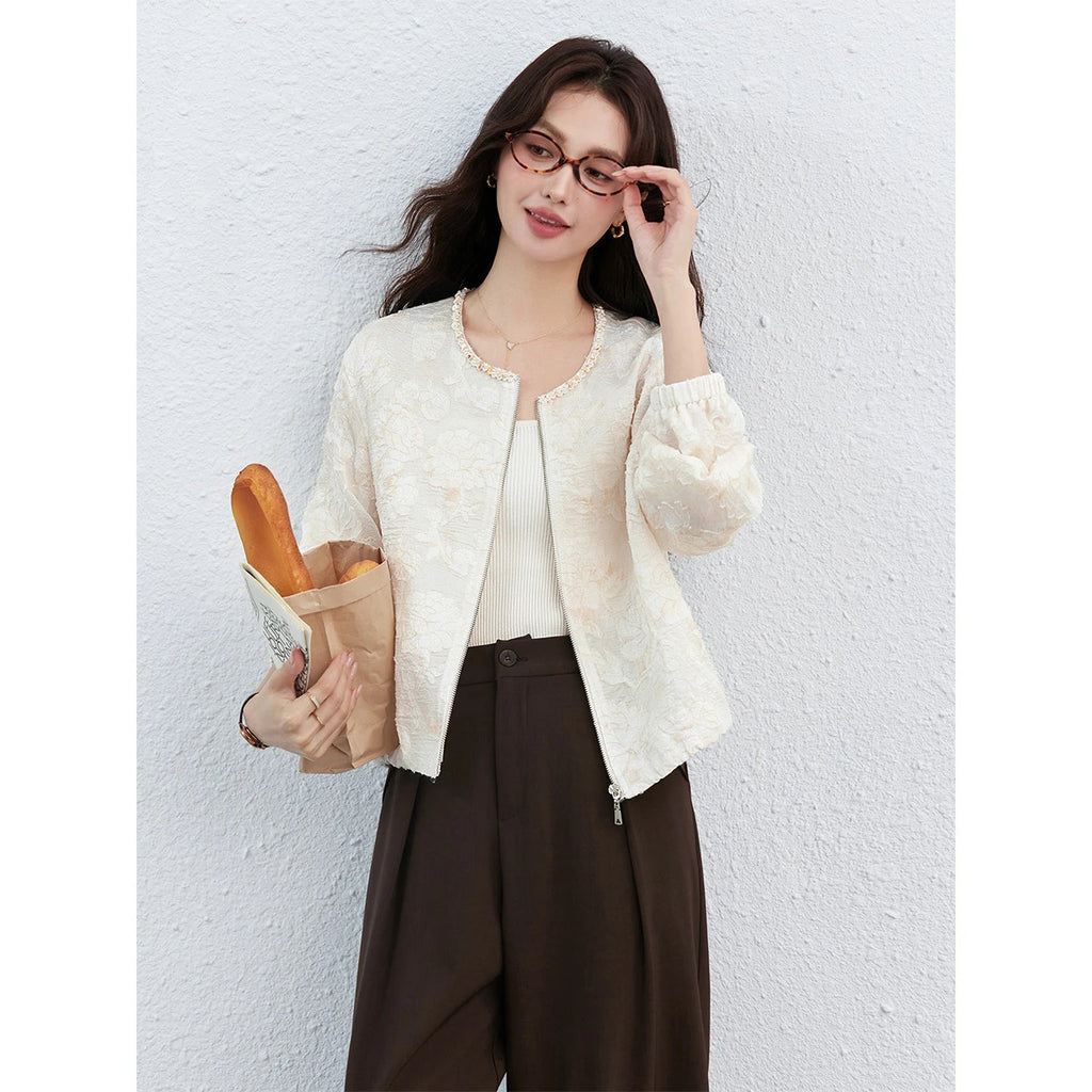 Jacquard Zip-Front Cropped Jacket