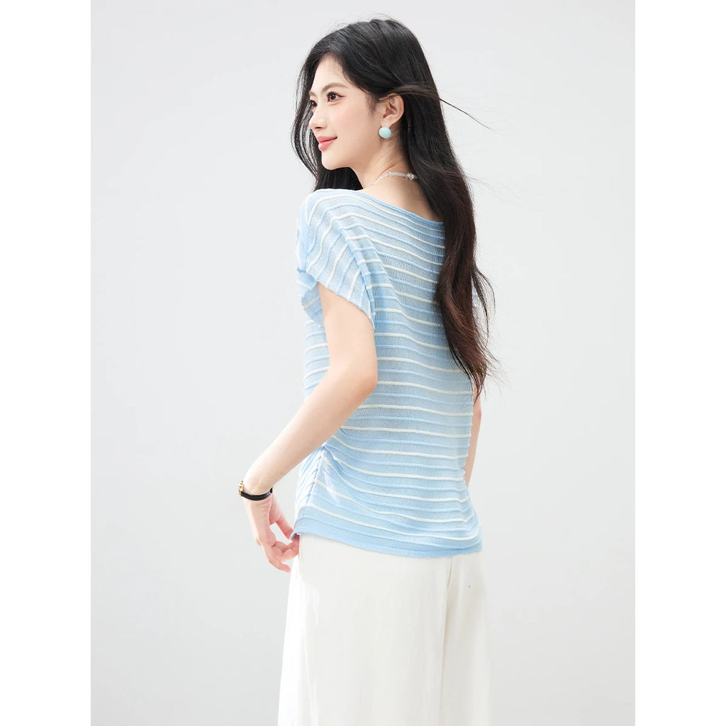 Striped Ruched Dolman-Sleeve Tee