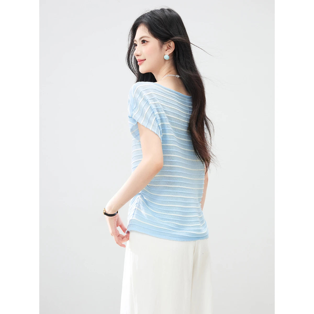Striped Ruched Dolman-Sleeve Tee