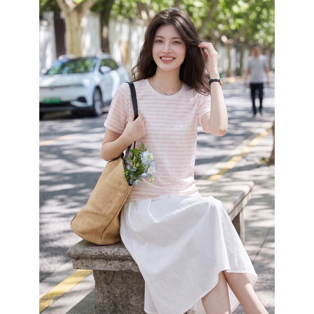 Lace-Stripe Crew-Neck Tee