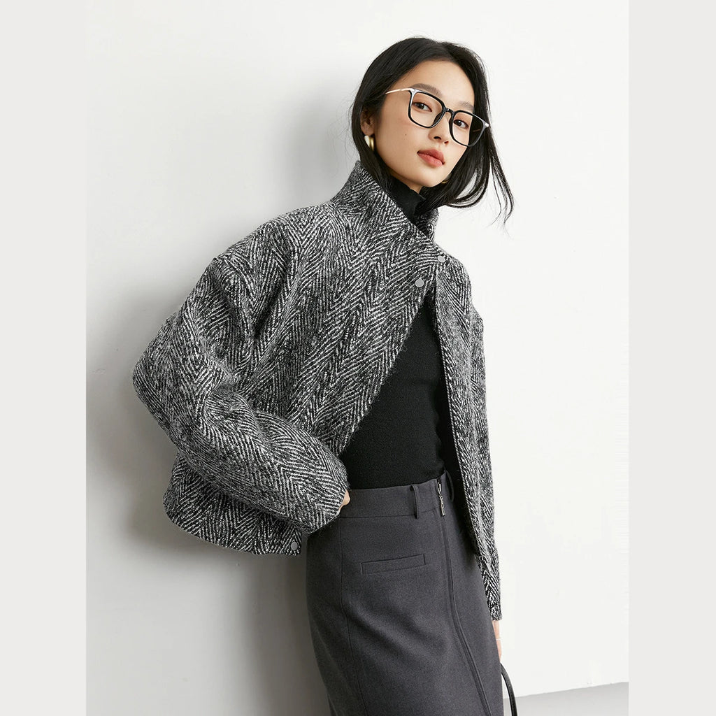Herringbone Stand-Collar Cropped Jacket