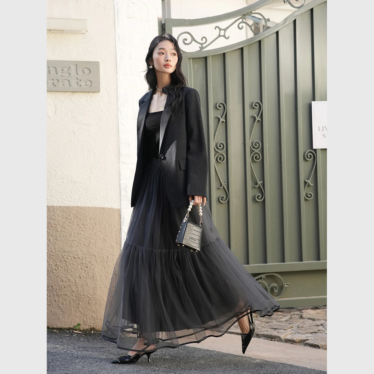 Tiered Mesh Midi Skirt
