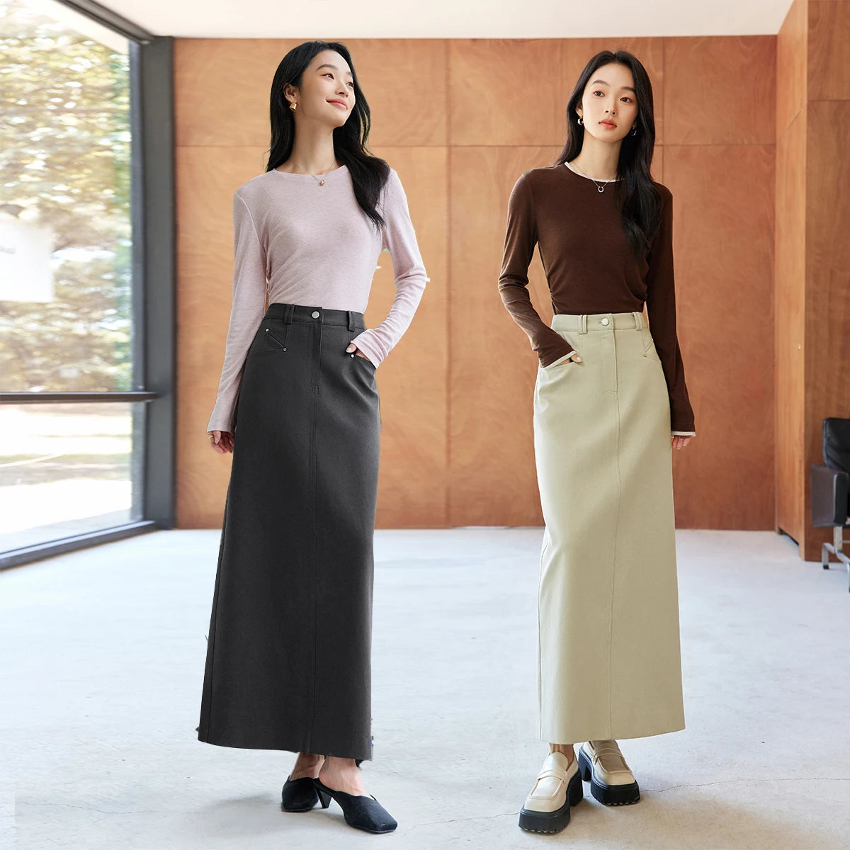 Back-Slit Straight Midi Skirt