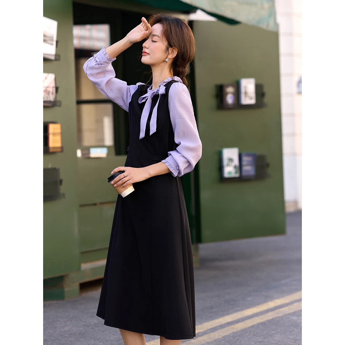 Bow-Collar Layered Midi Dress