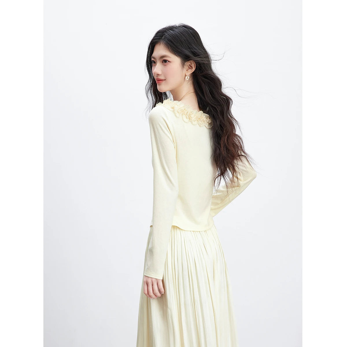 Asymmetric Ruffle-Neck Long-Sleeve Top