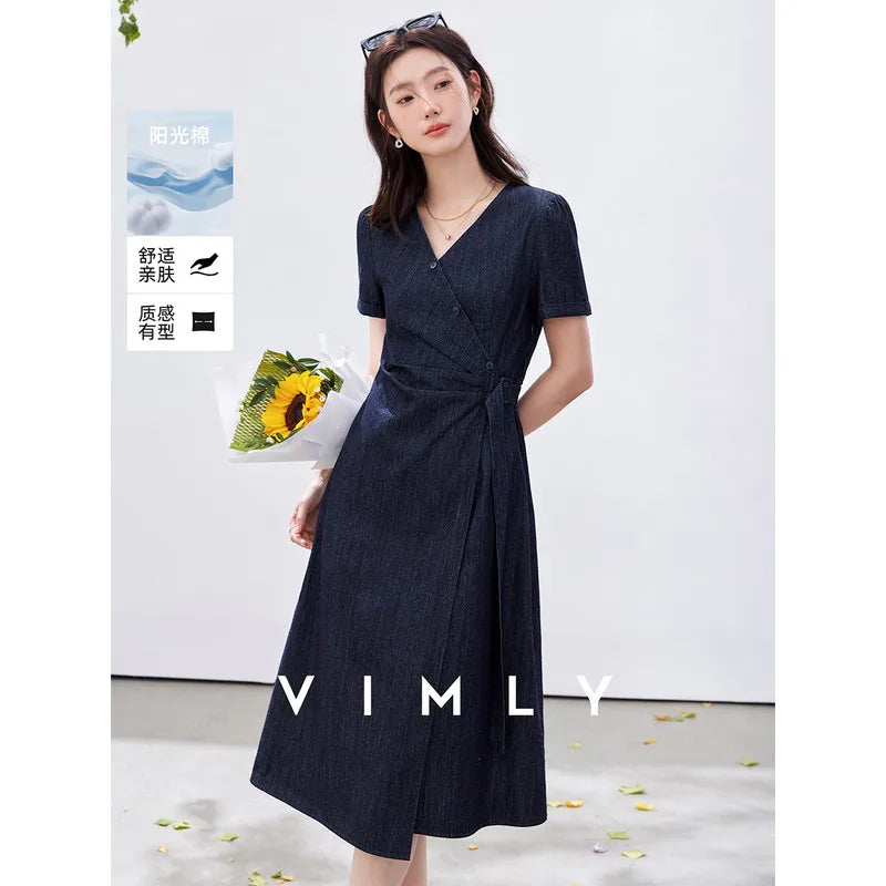 Tie-Waist V-Neck Denim Midi Dress