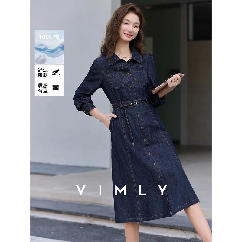 Belted Button-Front Denim Midi Dress