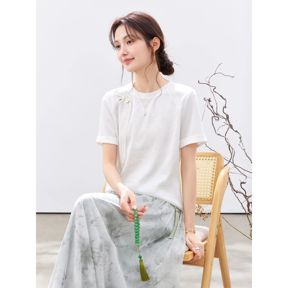 Asymmetric Frog-Button Short-Sleeve Tee