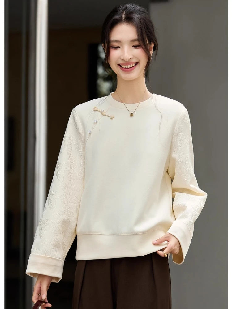 Frog-Button Crew-Neck Sweatshirt