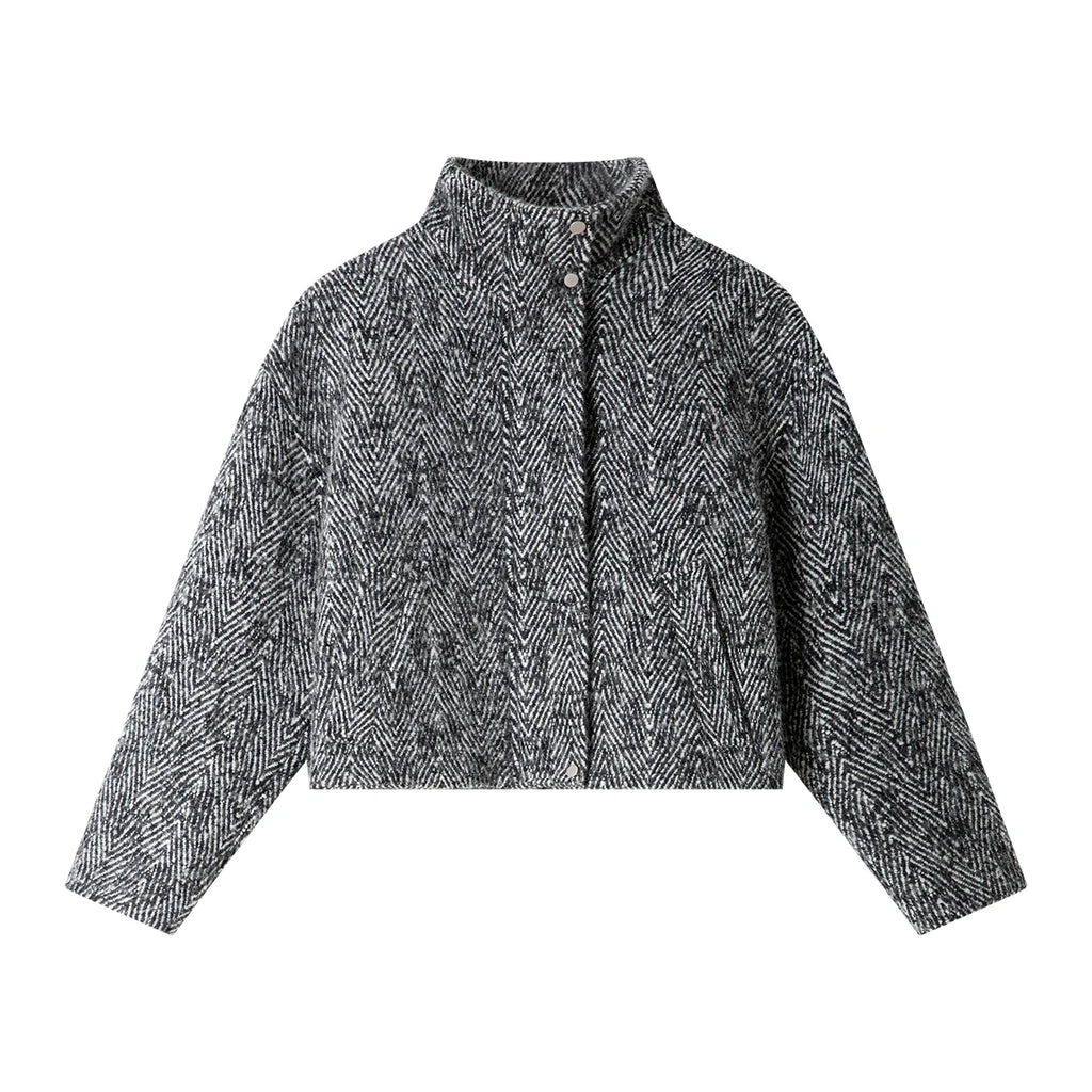 Herringbone Stand-Collar Cropped Jacket