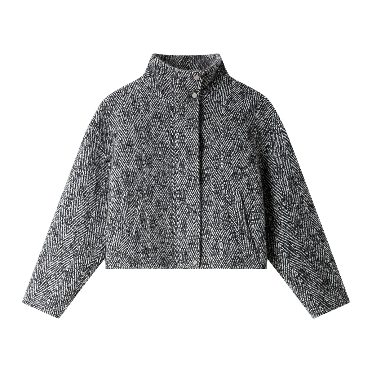 Herringbone Stand-Collar Cropped Jacket